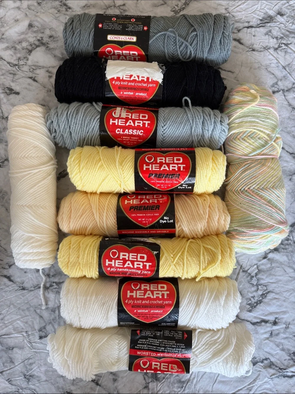 Red Heart Yarn Bundle-Yellows, Whites, Grays, Black, Multicolor. 10 Skein Bundle